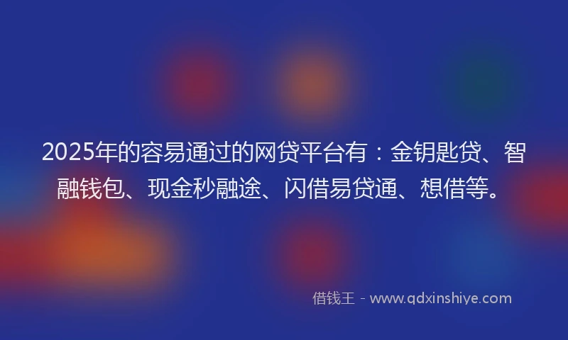 2025年的容易通过的网贷平台有：金钥匙贷、智融钱包、现金秒融途、闪借易贷通、想借等。