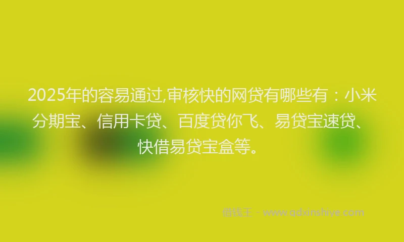 2025年的容易通过,审核快的网贷有哪些有：小米分期宝、信用卡贷、百度贷你飞、易贷宝速贷、快借易贷宝盒等。