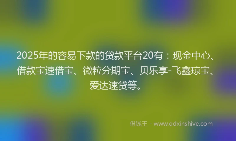 2025年的容易下款的贷款平台20有：现金中心、借款宝速借宝、微粒分期宝、贝乐享-飞鑫琼宝、爱达速贷等。