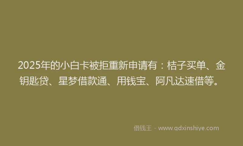 2025年的小白卡被拒重新申请有：桔子买单、金钥匙贷、星梦借款通、用钱宝、阿凡达速借等。