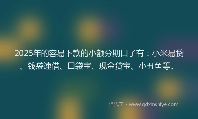 2025年的容易下款的小额分期口子有：小米易贷、钱袋速借、口袋宝、现金贷宝、小丑鱼等。
