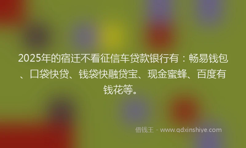 2025年的宿迁不看征信车贷款银行有：畅易钱包、口袋快贷、钱袋快融贷宝、现金蜜蜂、百度有钱花等。