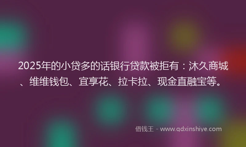 2025年的小贷多的话银行贷款被拒有：沐久商城、维维钱包、宜享花、拉卡拉、现金直融宝等。