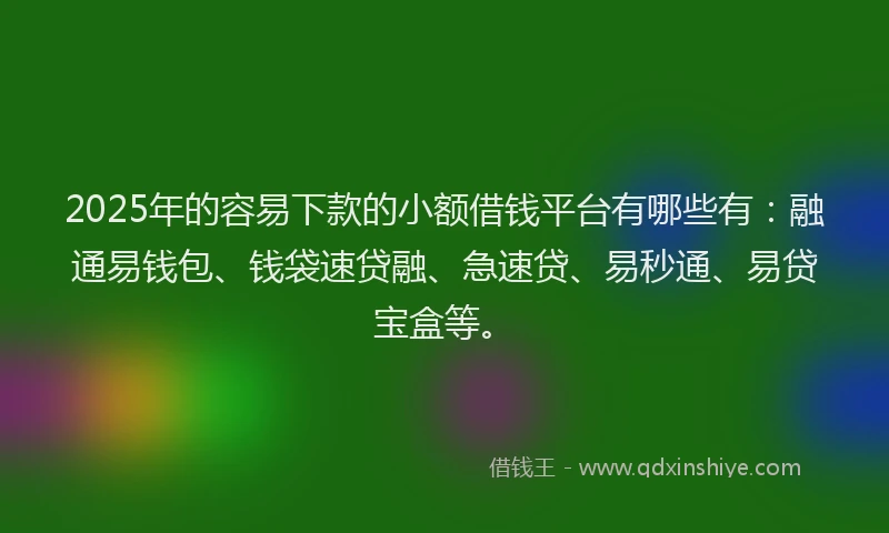 2025年的容易下款的小额借钱平台有哪些有：融通易钱包、钱袋速贷融、急速贷、易秒通、易贷宝盒等。