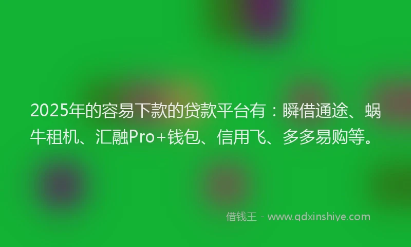 2025年的容易下款的贷款平台有：瞬借通途、蜗牛租机、汇融Pro+钱包、信用飞、多多易购等。