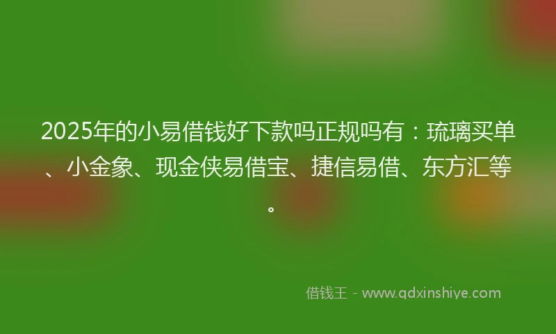 2025年的小易借钱好下款吗正规吗有：琉璃买单、小金象、现金侠易借宝、捷信易借、东方汇等。