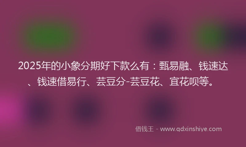 2025年的小象分期好下款么有：甄易融、钱速达、钱速借易行、芸豆分-芸豆花、宜花呗等。