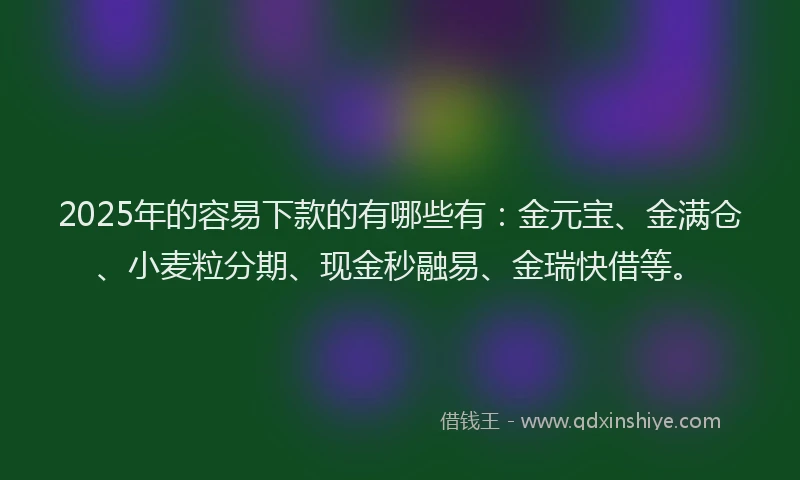 2025年的容易下款的有哪些有：金元宝、金满仓、小麦粒分期、现金秒融易、金瑞快借等。