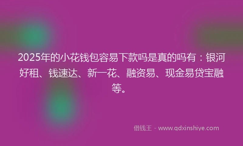 2025年的小花钱包容易下款吗是真的吗有：银河好租、钱速达、新一花、融资易、现金易贷宝融等。