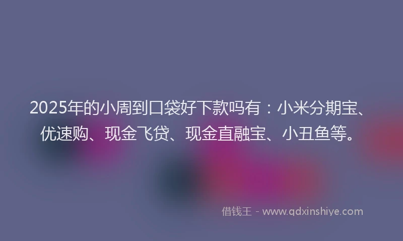 2025年的小周到口袋好下款吗有：小米分期宝、优速购、现金飞贷、现金直融宝、小丑鱼等。