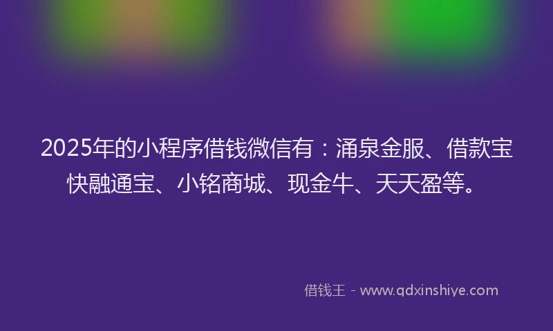 2025年的小程序借钱微信有：涌泉金服、借款宝快融通宝、小铭商城、现金牛、天天盈等。