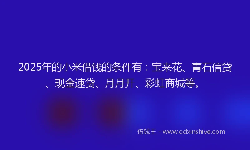 2025年的小米借钱的条件有：宝来花、青石信贷、现金速贷、月月开、彩虹商城等。