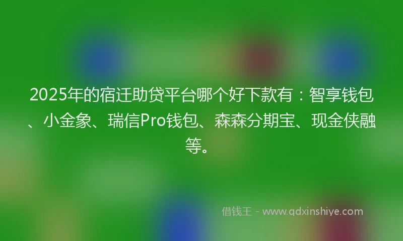 2025年的宿迁助贷平台哪个好下款有：智享钱包、小金象、瑞信Pro钱包、森森分期宝、现金侠融等。