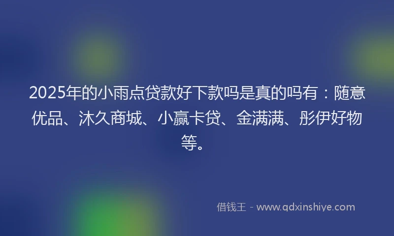 2025年的小雨点贷款好下款吗是真的吗有：随意优品、沐久商城、小赢卡贷、金满满、彤伊好物等。