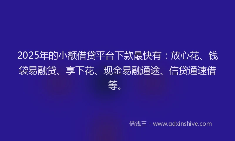 2025年的小额借贷平台下款最快有：放心花、钱袋易融贷、享下花、现金易融通途、信贷通速借等。