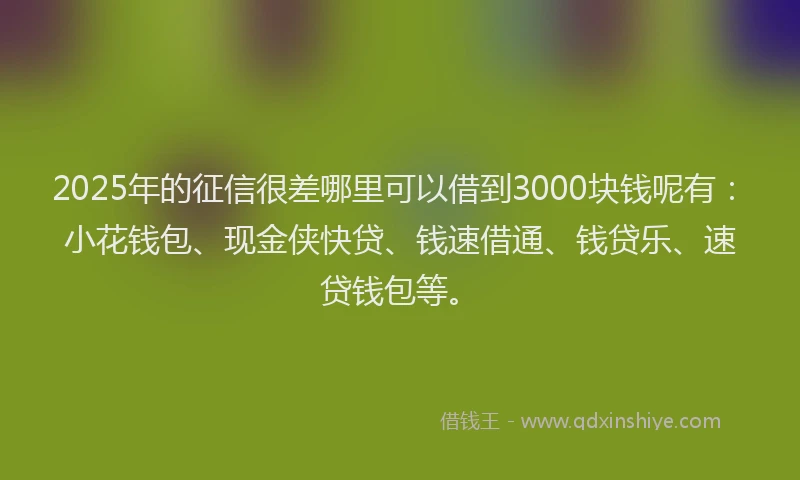 2025年的征信很差哪里可以借到3000块钱呢有：小花钱包、现金侠快贷、钱速借通、钱贷乐、速贷钱包等。