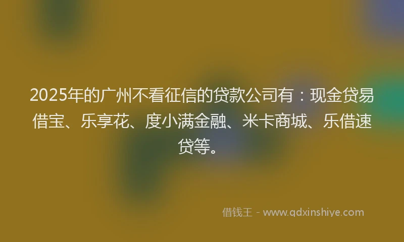 2025年的广州不看征信的贷款公司有：现金贷易借宝、乐享花、度小满金融、米卡商城、乐借速贷等。