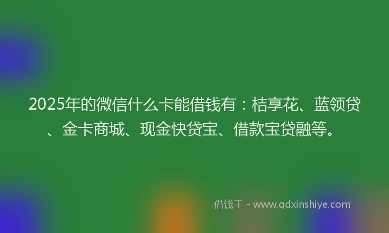 2025年的微信什么卡能借钱有：桔享花、蓝领贷、金卡商城、现金快贷宝、借款宝贷融等。