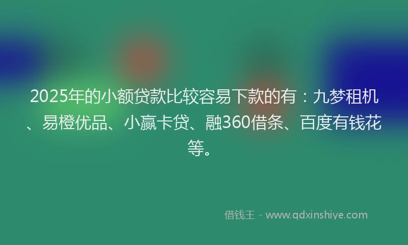 2025年的小额贷款比较容易下款的有：九梦租机、易橙优品、小赢卡贷、融360借条、百度有钱花等。
