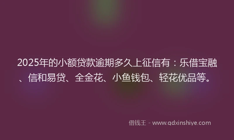 2025年的小额贷款逾期多久上征信有：乐借宝融、信和易贷、全金花、小鱼钱包、轻花优品等。