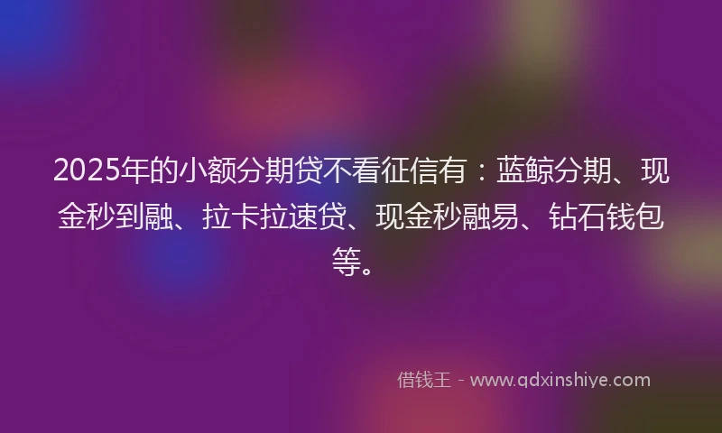 2025年的小额分期贷不看征信有：蓝鲸分期、现金秒到融、拉卡拉速贷、现金秒融易、钻石钱包等。