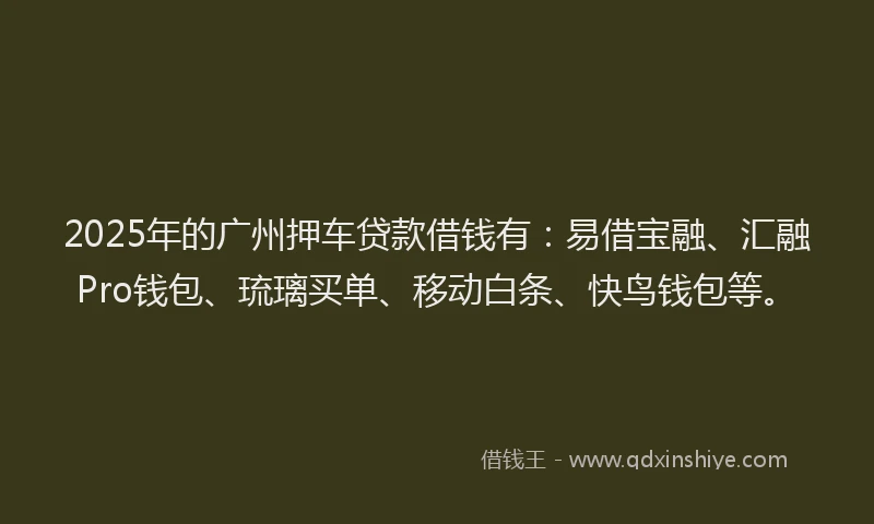 2025年的广州押车贷款借钱有：易借宝融、汇融Pro钱包、琉璃买单、移动白条、快鸟钱包等。