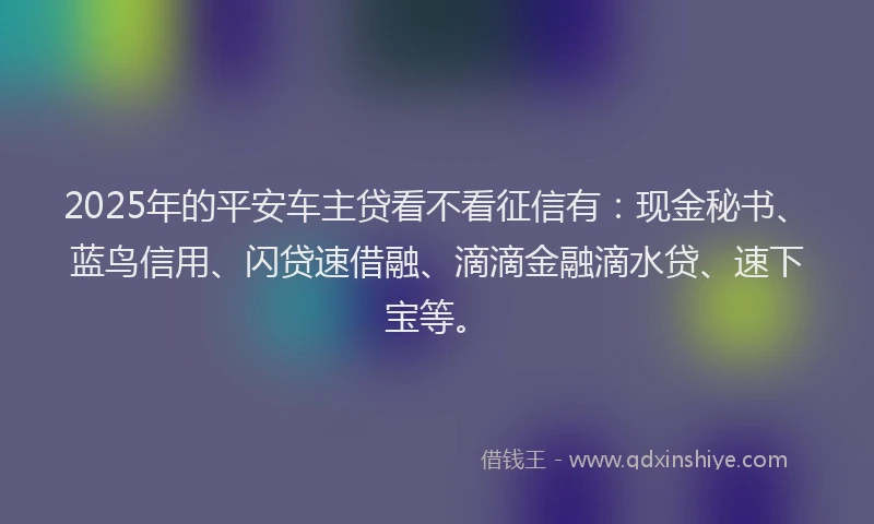 2025年的平安车主贷看不看征信有：现金秘书、蓝鸟信用、闪贷速借融、滴滴金融滴水贷、速下宝等。