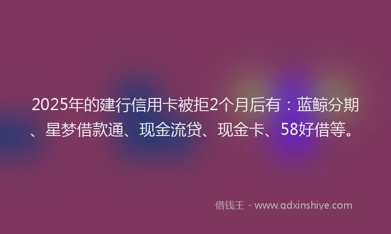 2025年的建行信用卡被拒2个月后有：蓝鲸分期、星梦借款通、现金流贷、现金卡、58好借等。