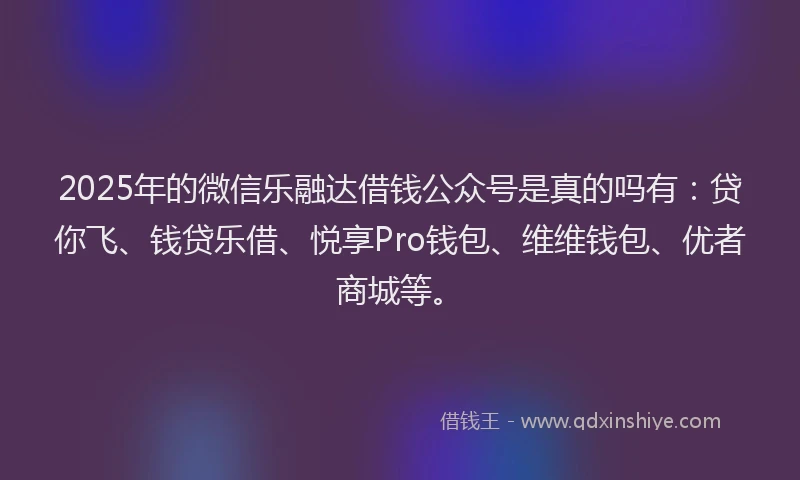 2025年的微信乐融达借钱公众号是真的吗有：贷你飞、钱贷乐借、悦享Pro钱包、维维钱包、优者商城等。