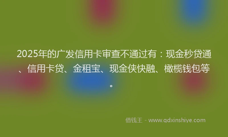 2025年的广发信用卡审查不通过有：现金秒贷通、信用卡贷、金租宝、现金侠快融、橄榄钱包等。
