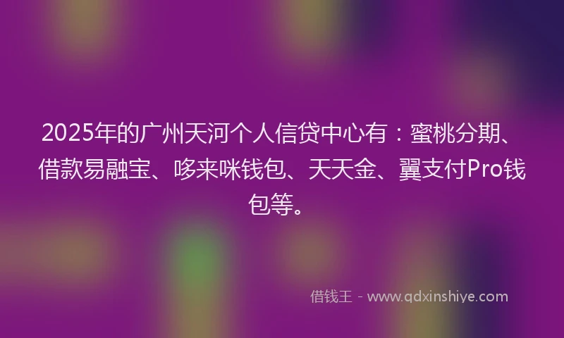 2025年的广州天河个人信贷中心有：蜜桃分期、借款易融宝、哆来咪钱包、天天金、翼支付Pro钱包等。