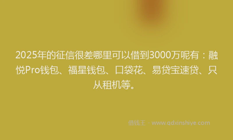 2025年的征信很差哪里可以借到3000万呢有：融悦Pro钱包、福星钱包、口袋花、易贷宝速贷、只从租机等。