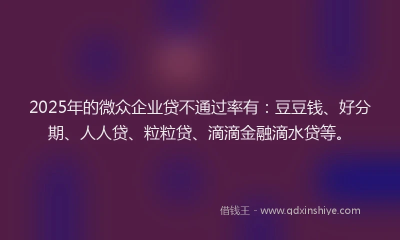 2025年的微众企业贷不通过率有：豆豆钱、好分期、人人贷、粒粒贷、滴滴金融滴水贷等。
