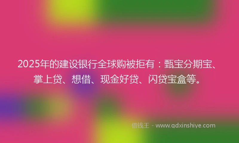 2025年的建设银行全球购被拒有：甄宝分期宝、掌上贷、想借、现金好贷、闪贷宝盒等。