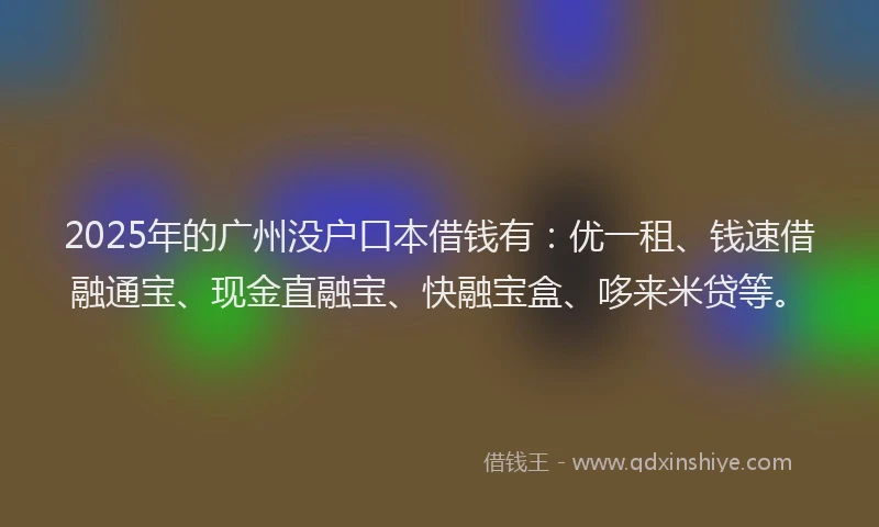 2025年的广州没户口本借钱有：优一租、钱速借融通宝、现金直融宝、快融宝盒、哆来米贷等。