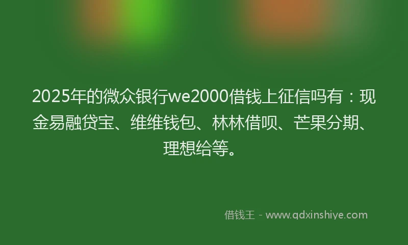 2025年的微众银行we2000借钱上征信吗有：现金易融贷宝、维维钱包、林林借呗、芒果分期、理想给等。