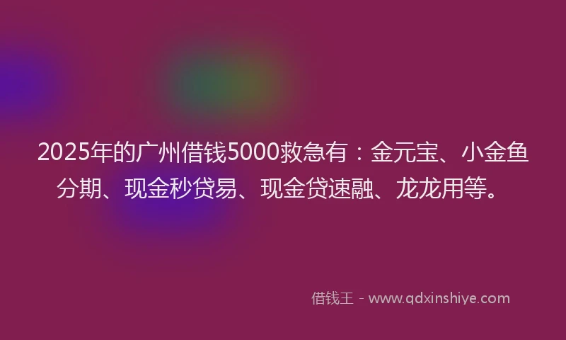 2025年的广州借钱5000救急有：金元宝、小金鱼分期、现金秒贷易、现金贷速融、龙龙用等。