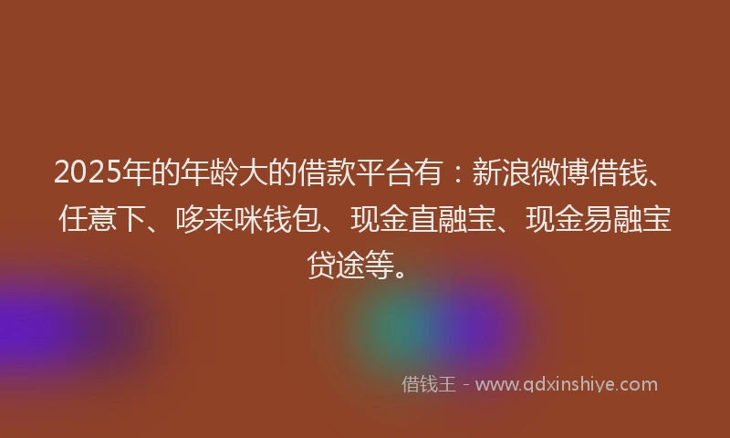2025年的年龄大的借款平台有：新浪微博借钱、任意下、哆来咪钱包、现金直融宝、现金易融宝贷途等。