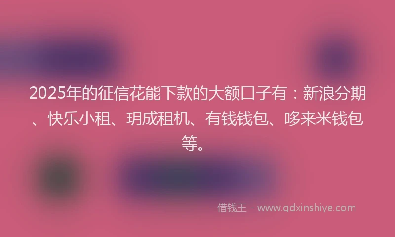 2025年的征信花能下款的大额口子有：新浪分期、快乐小租、玥成租机、有钱钱包、哆来米钱包等。