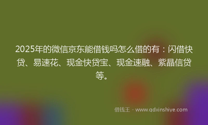 2025年的微信京东能借钱吗怎么借的有：闪借快贷、易速花、现金快贷宝、现金速融、紫晶信贷等。