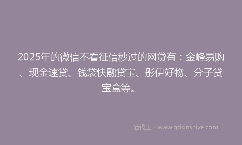 2025年的微信不看征信秒过的网贷有：金峰易购、现金速贷、钱袋快融贷宝、彤伊好物、分子贷宝盒等。