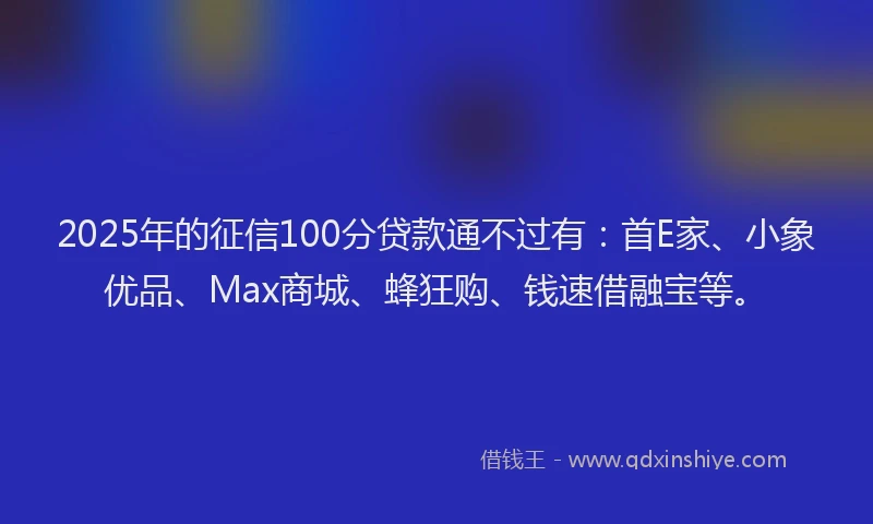 2025年的征信100分贷款通不过有：首E家、小象优品、Max商城、蜂狂购、钱速借融宝等。