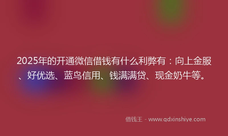 2025年的开通微信借钱有什么利弊有：向上金服、好优选、蓝鸟信用、钱满满贷、现金奶牛等。