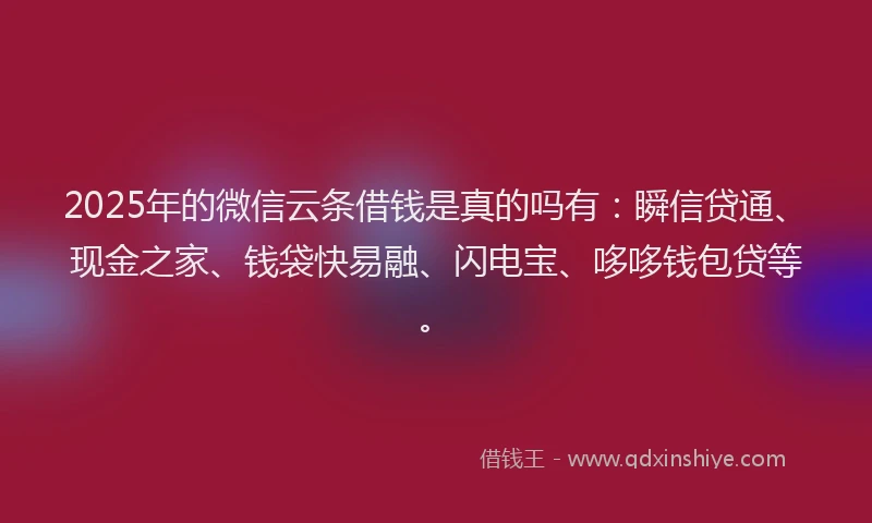 2025年的微信云条借钱是真的吗有：瞬信贷通、现金之家、钱袋快易融、闪电宝、哆哆钱包贷等。