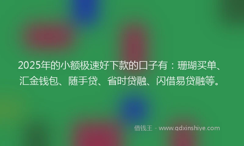 2025年的小额极速好下款的口子有：珊瑚买单、汇金钱包、随手贷、省时贷融、闪借易贷融等。