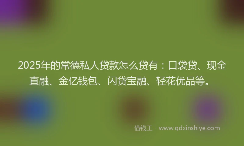 2025年的常德私人贷款怎么贷有：口袋贷、现金直融、金亿钱包、闪贷宝融、轻花优品等。