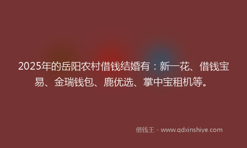 2025年的岳阳农村借钱结婚有：新一花、借钱宝易、金瑞钱包、鹿优选、掌中宝租机等。