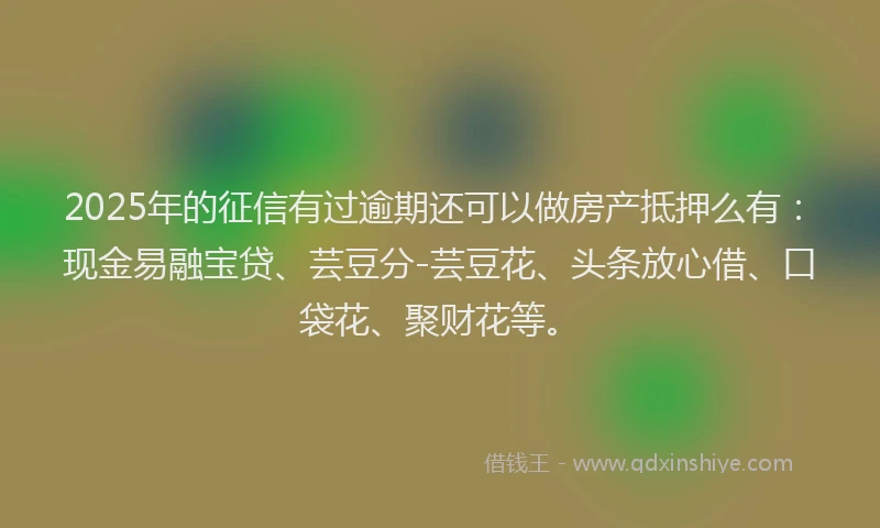 2025年的征信有过逾期还可以做房产抵押么有：现金易融宝贷、芸豆分-芸豆花、头条放心借、口袋花、聚财花等。