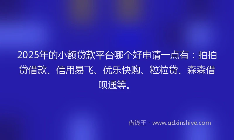 2025年的小额贷款平台哪个好申请一点有：拍拍贷借款、信用易飞、优乐快购、粒粒贷、森森借呗通等。