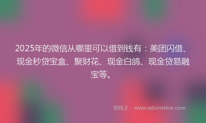 2025年的微信从哪里可以借到钱有：美团闪借、现金秒贷宝盒、聚财花、现金白鸽、现金贷易融宝等。